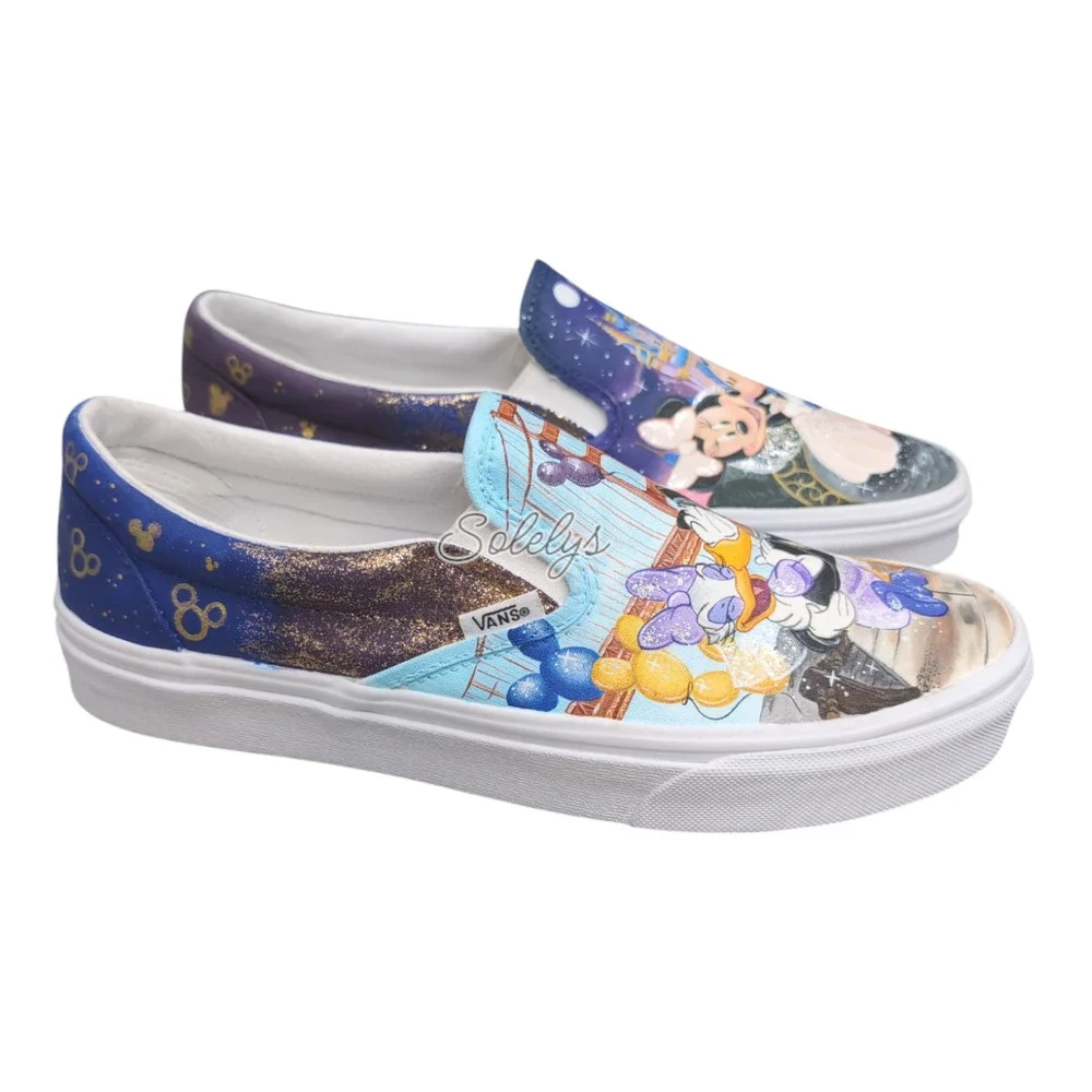 VANS Disney Womens 10 Custom Painted Slip Ons Mickey Minnie Donald Daisy Duck